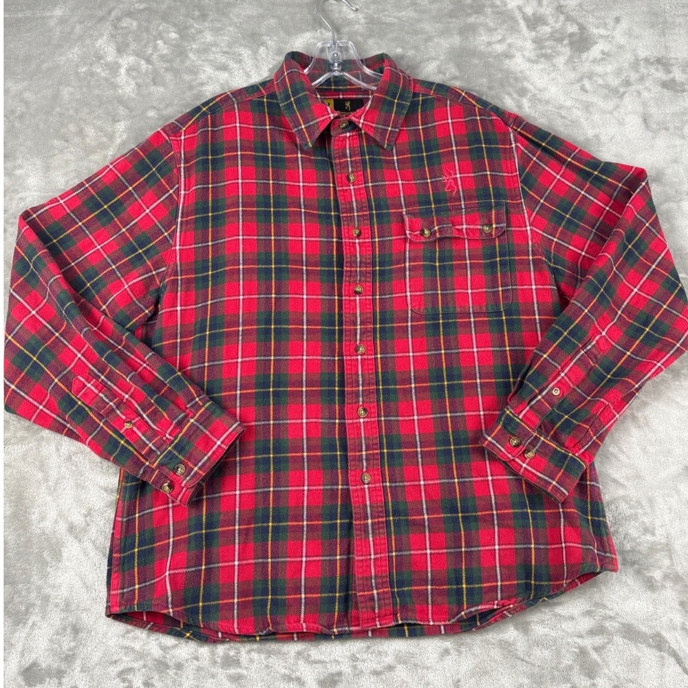 Browning Mens Red Green Alpine Plaid Flannel Shirt Cotton Buckmark BR12015 Large